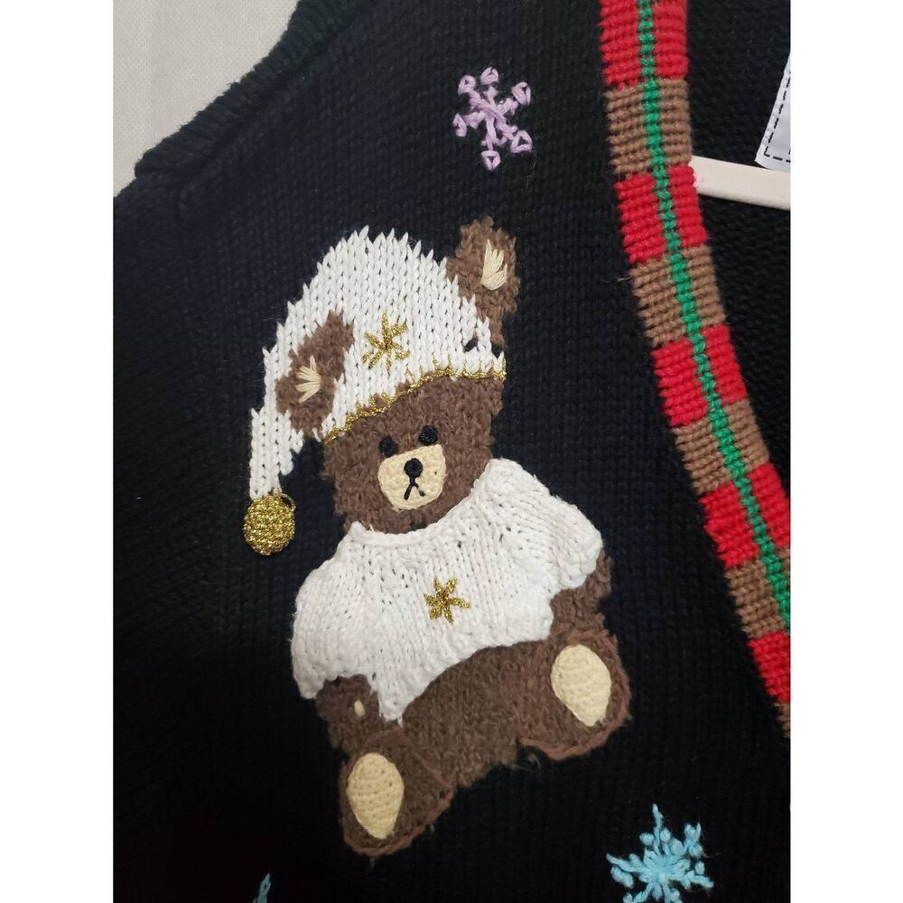 Storybook Knits Vintage Christmas Teddy Bears Ugly Cardigan V Neck Sweater - Picture 6 of 14